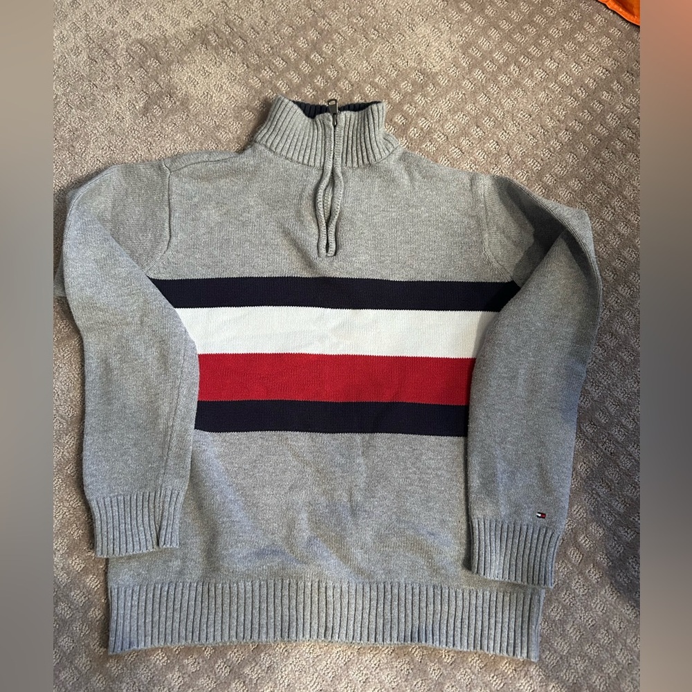 Tommy Hilfiger Kids Quarter Zip Gray Sweater with Red and Blue Stripes